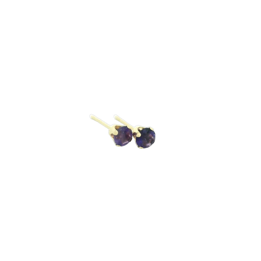 14k gold amethyst post earrings with deep purple round faceted gemstones on white background right side angled front overview