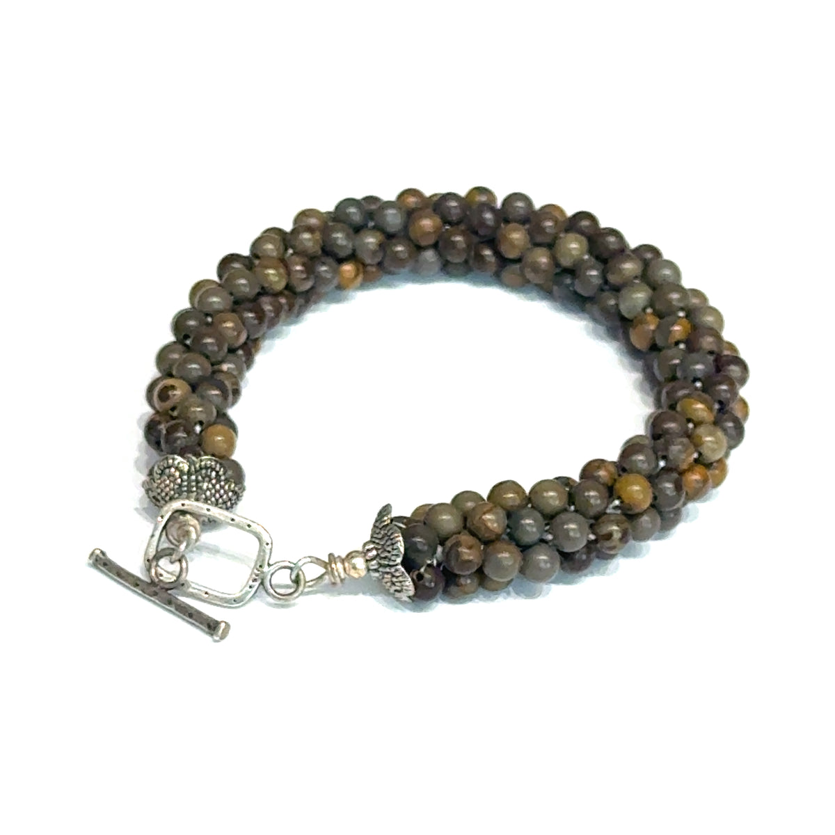 Brown Line Jasper Bulgarian Crochet Bracelet | Sterling Silver Rectangle Toggle | 6.75 In | Handmade | Boston | Root Chakra Grounding | Reiki Charged