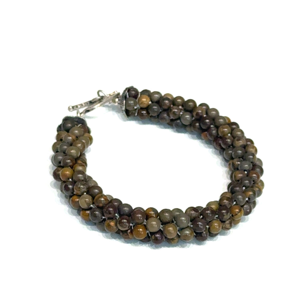 Brown Line Jasper Bulgarian Crochet Bracelet | Sterling Silver Rectangle Toggle | 6.75 In | Handmade | Boston | Root Chakra Grounding | Reiki Charged