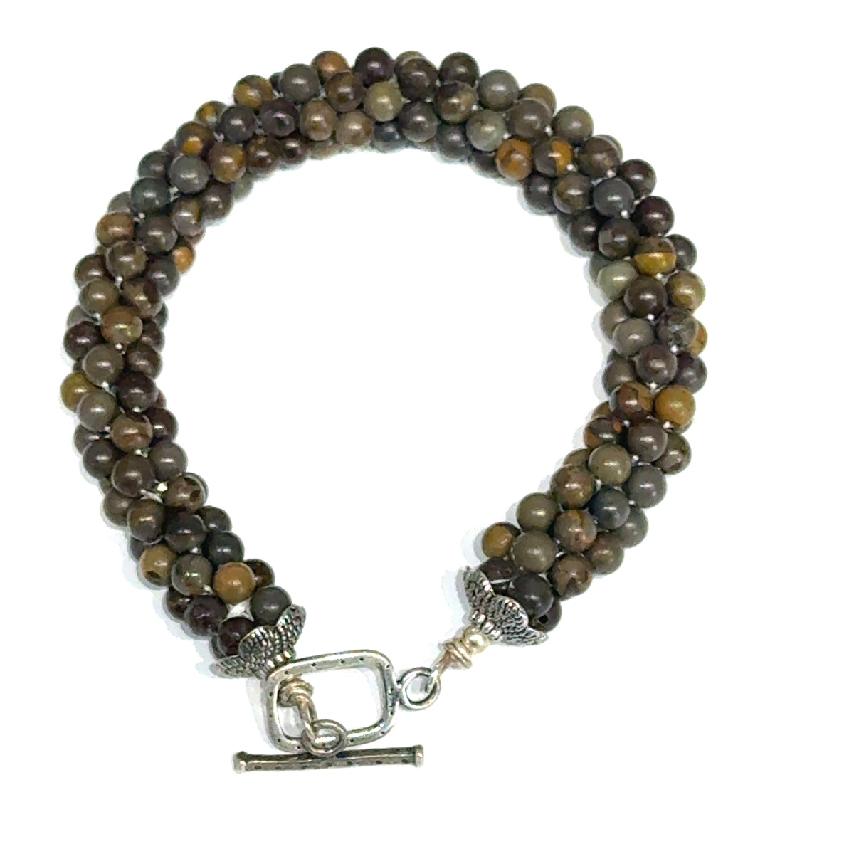 Brown Line Jasper Bulgarian Crochet Bracelet | Sterling Silver Rectangle Toggle | 6.75 In | Handmade | Boston | Root Chakra Grounding | Reiki Charged