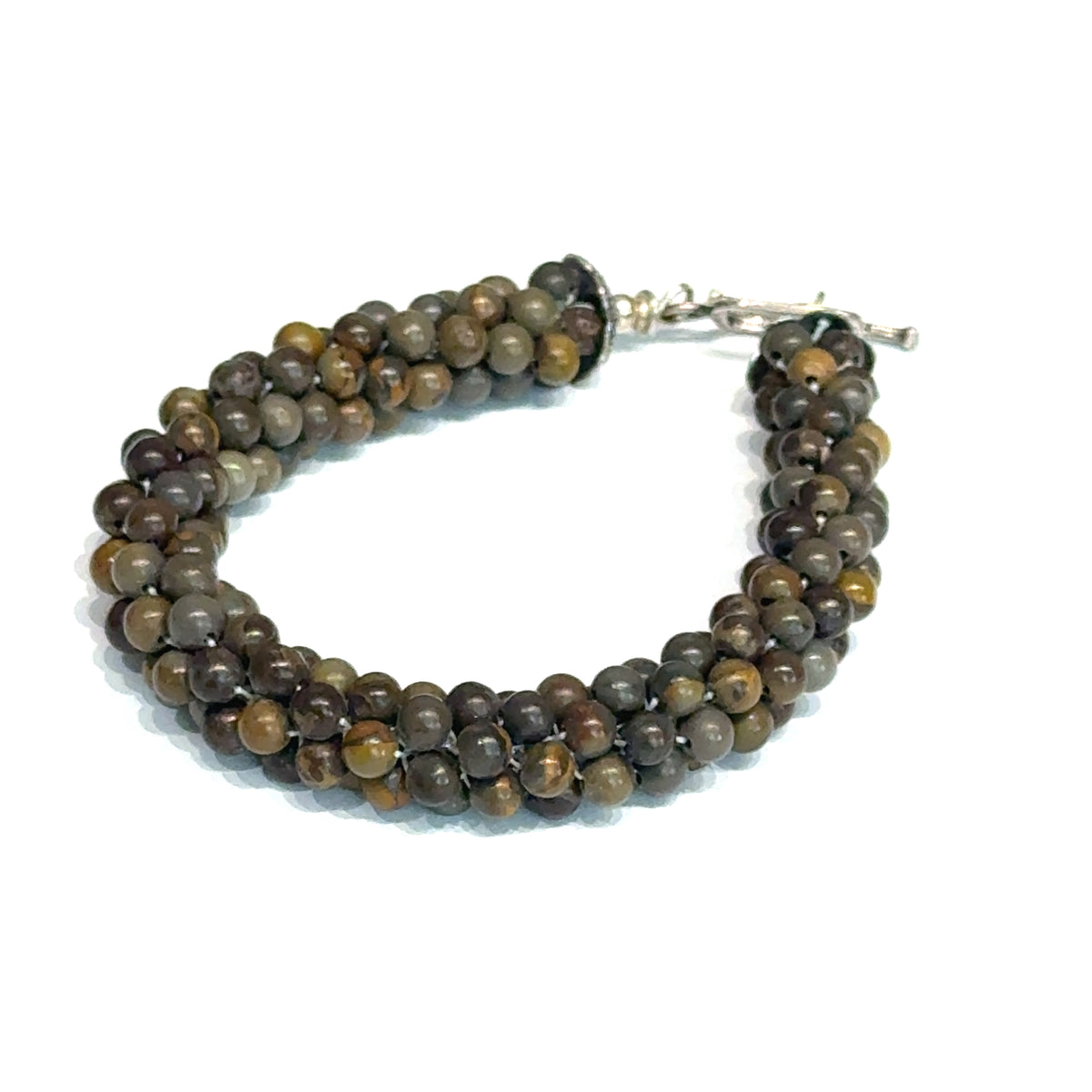 Brown Line Jasper Bulgarian Crochet Bracelet | Sterling Silver Rectangle Toggle | 6.75 In | Handmade | Boston | Root Chakra Grounding | Reiki Charged