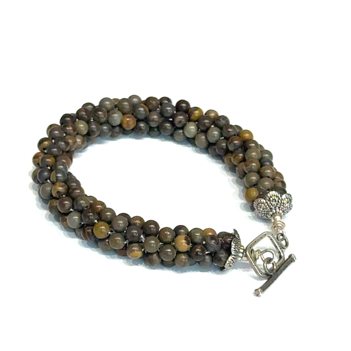 Brown Line Jasper Bulgarian Crochet Bracelet | Sterling Silver Rectangle Toggle | 6.75 In | Handmade | Boston | Root Chakra Grounding | Reiki Charged