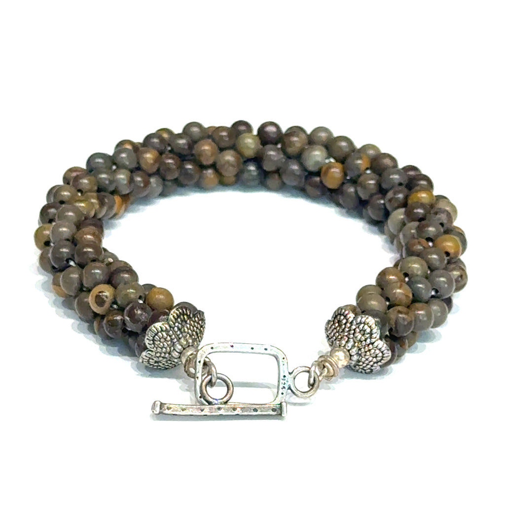 Brown Line Jasper Bulgarian Crochet Bracelet | Sterling Silver Rectangle Toggle | 6.75 In | Handmade | Boston | Root Chakra Grounding | Reiki Charged