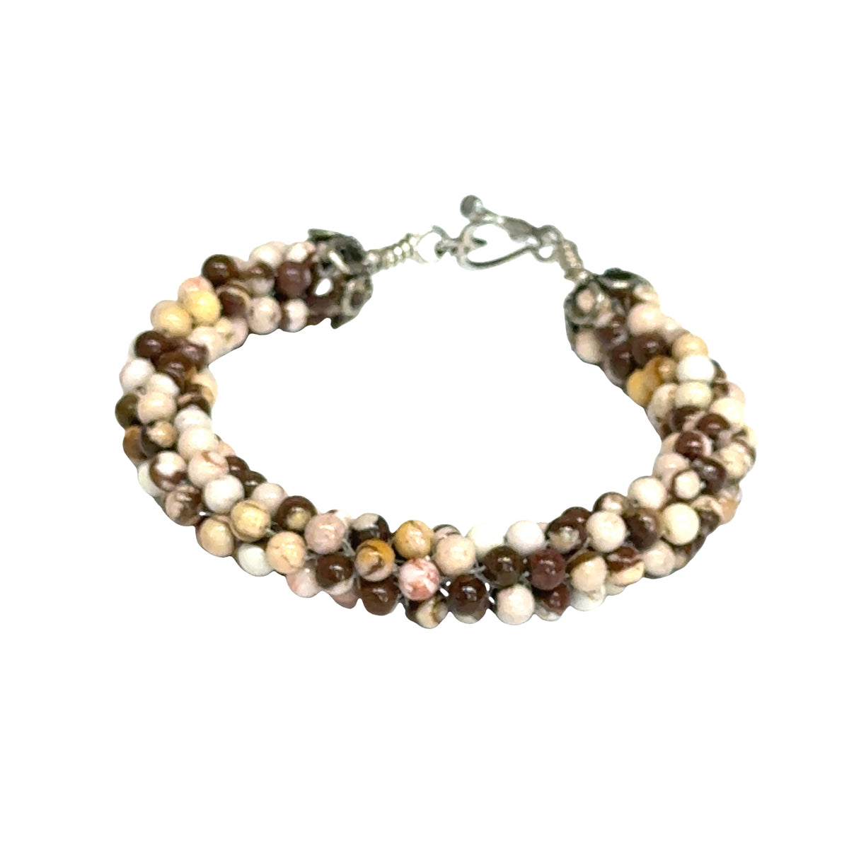 Brown Zebra Jasper Crocheted Gemstone Bracelet | Sterling Silver Heart Toggle | 7 Inches | Handmade | Boston | Root Chakra Grounding | Reiki Charged