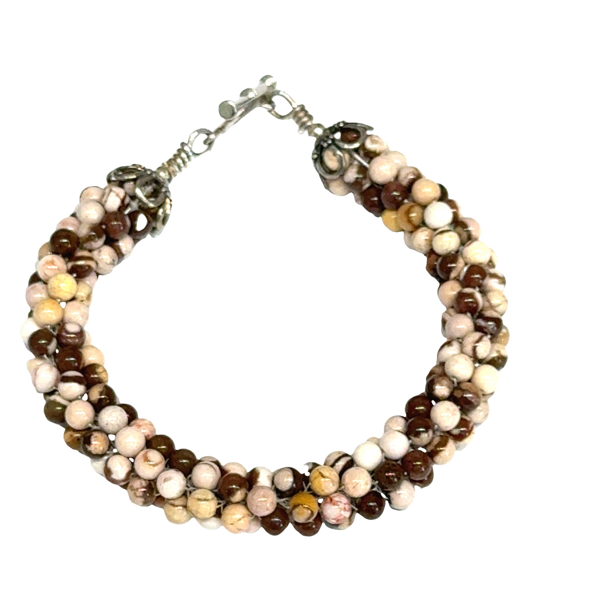 Brown Zebra Jasper Crocheted Gemstone Bracelet | Sterling Silver Heart Toggle | 7 Inches | Handmade | Boston | Root Chakra Grounding | Reiki Charged