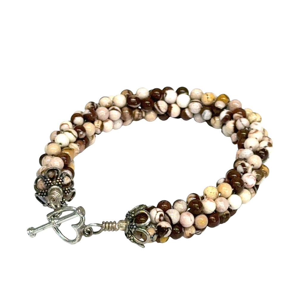 Brown Zebra Jasper Crocheted Gemstone Bracelet | Sterling Silver Heart Toggle | 7 Inches | Handmade | Boston | Root Chakra Grounding | Reiki Charged