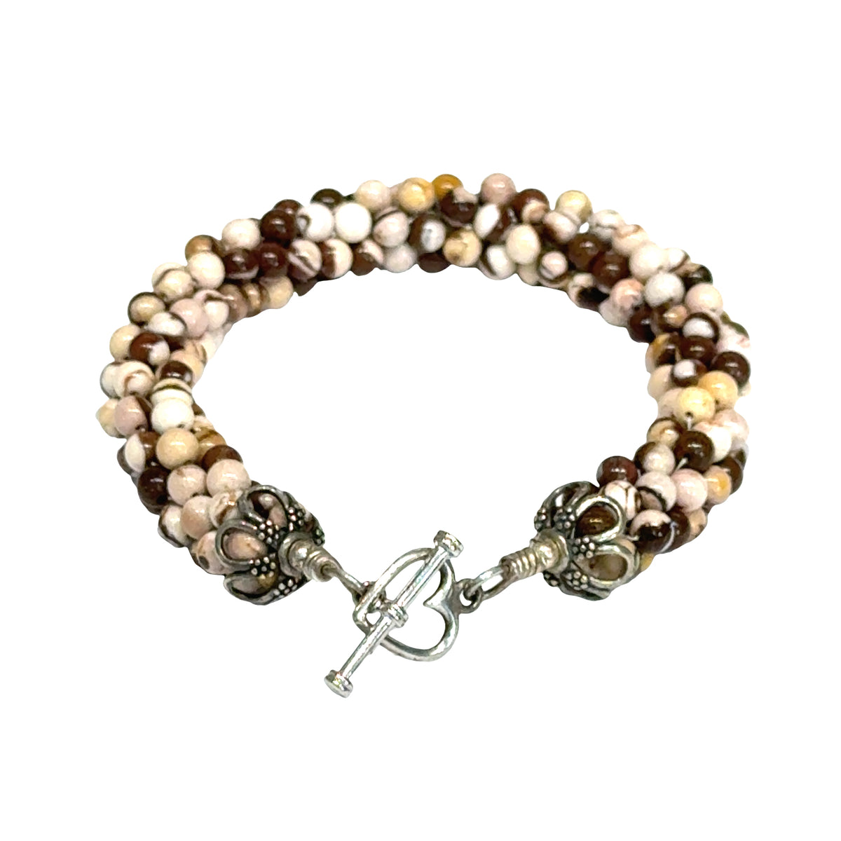 Brown Zebra Jasper Crocheted Gemstone Bracelet | Sterling Silver Heart Toggle | 7 Inches | Handmade | Boston | Root Chakra Grounding | Reiki Charged