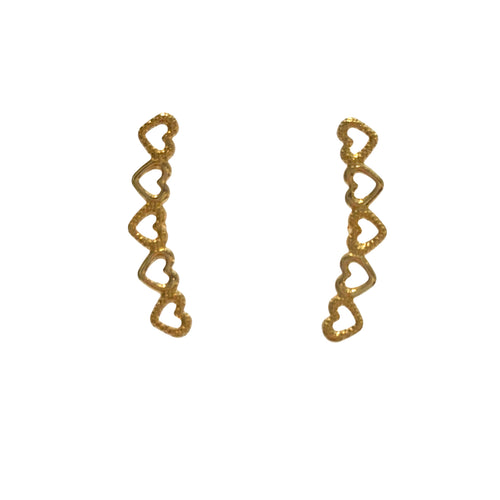 18K gold-filled heart ear climber studs ascending earlobe hypoallergenic 1.10 inch on a white background, front view. 