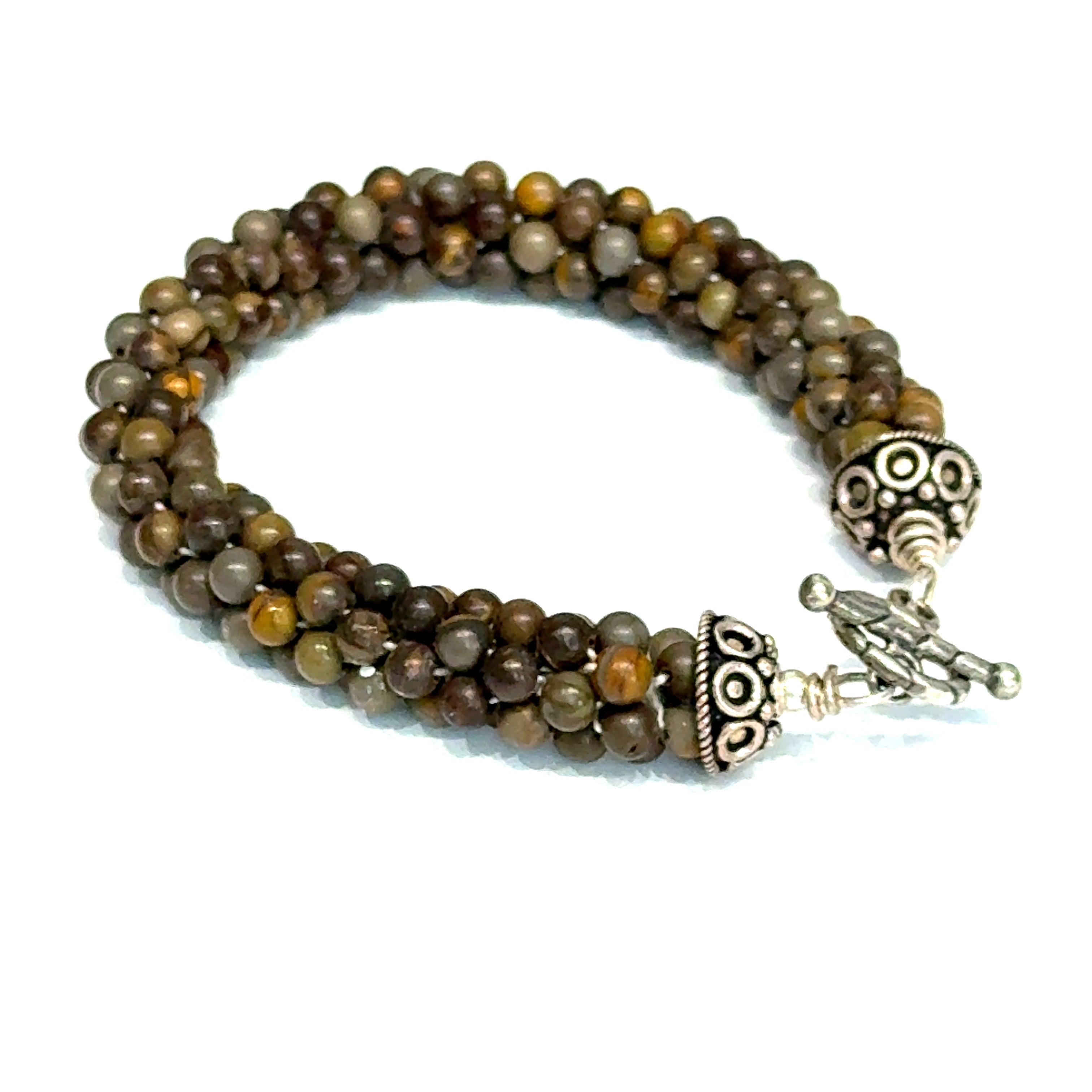 Brown Jasper Tubular Crochet Bracelet | Sterling Silver Circular Toggle | 7 Inches | Handmade Boston