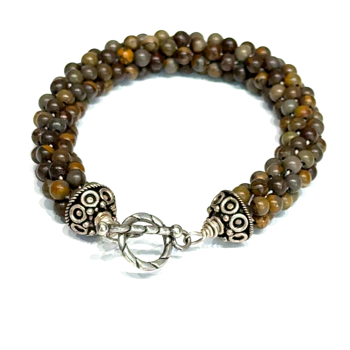 Brown Jasper Tubular Crochet Bracelet | Sterling Silver Circular Toggle | 7 Inches | Handmade Boston