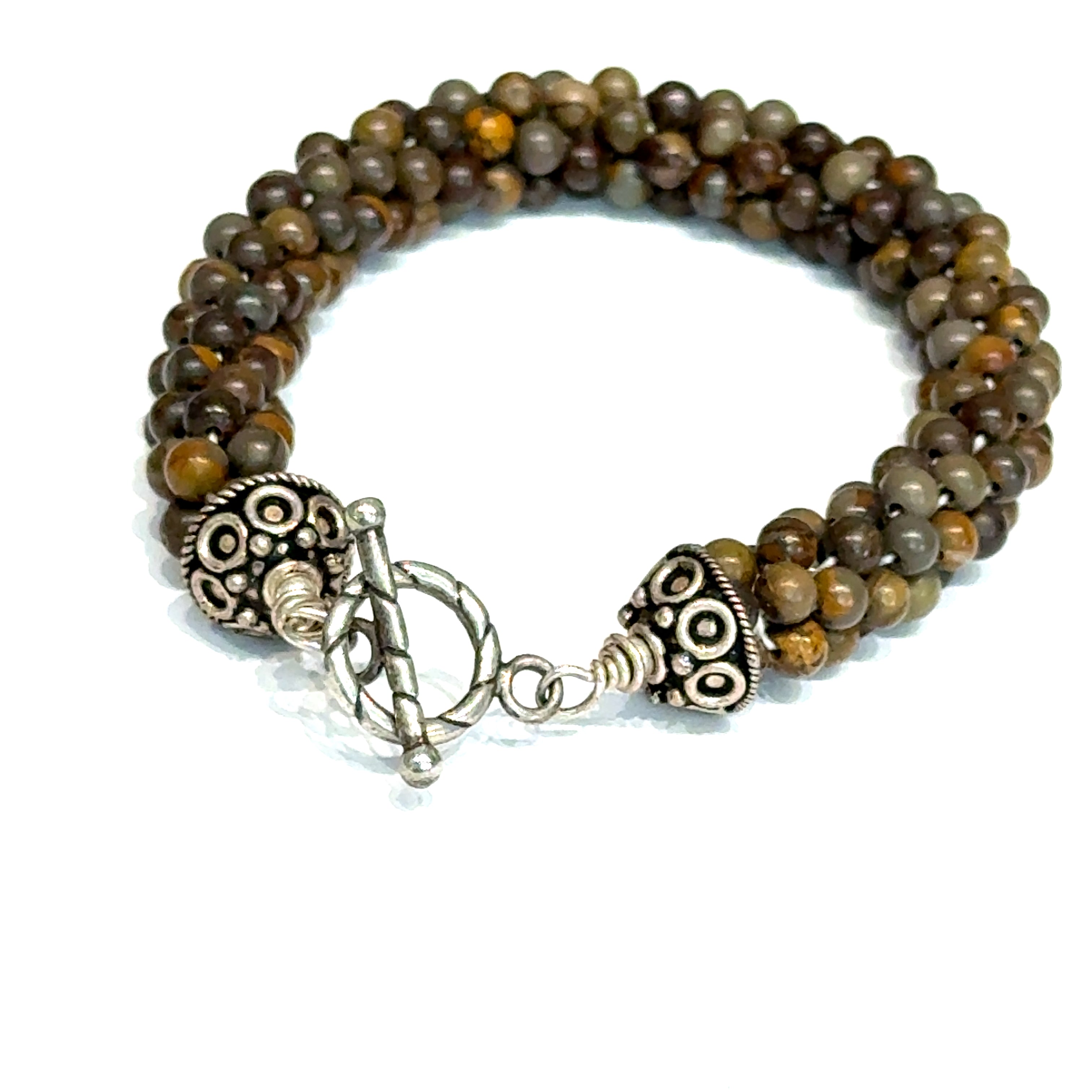 Brown Jasper Tubular Crochet Bracelet | Sterling Silver Circular Toggle | 7 Inches | Handmade Boston