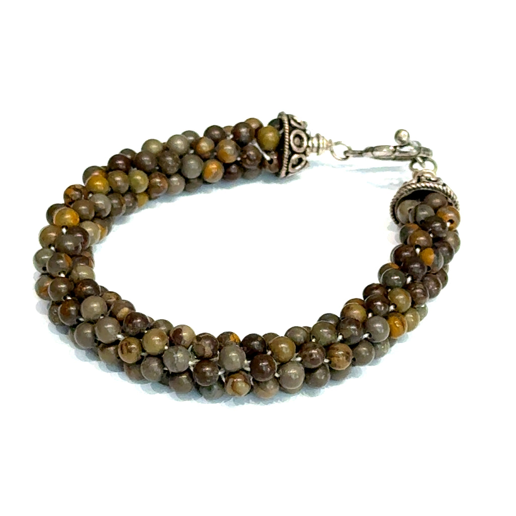 Brown Jasper Tubular Crochet Bracelet | Sterling Silver Circular Toggle | 7 Inches | Handmade Boston