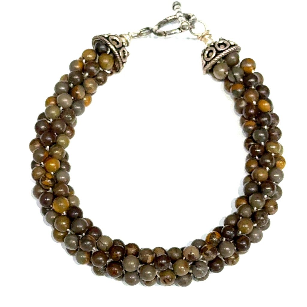 Brown Jasper Tubular Crochet Bracelet | Sterling Silver Circular Toggle | 7 Inches | Handmade Boston