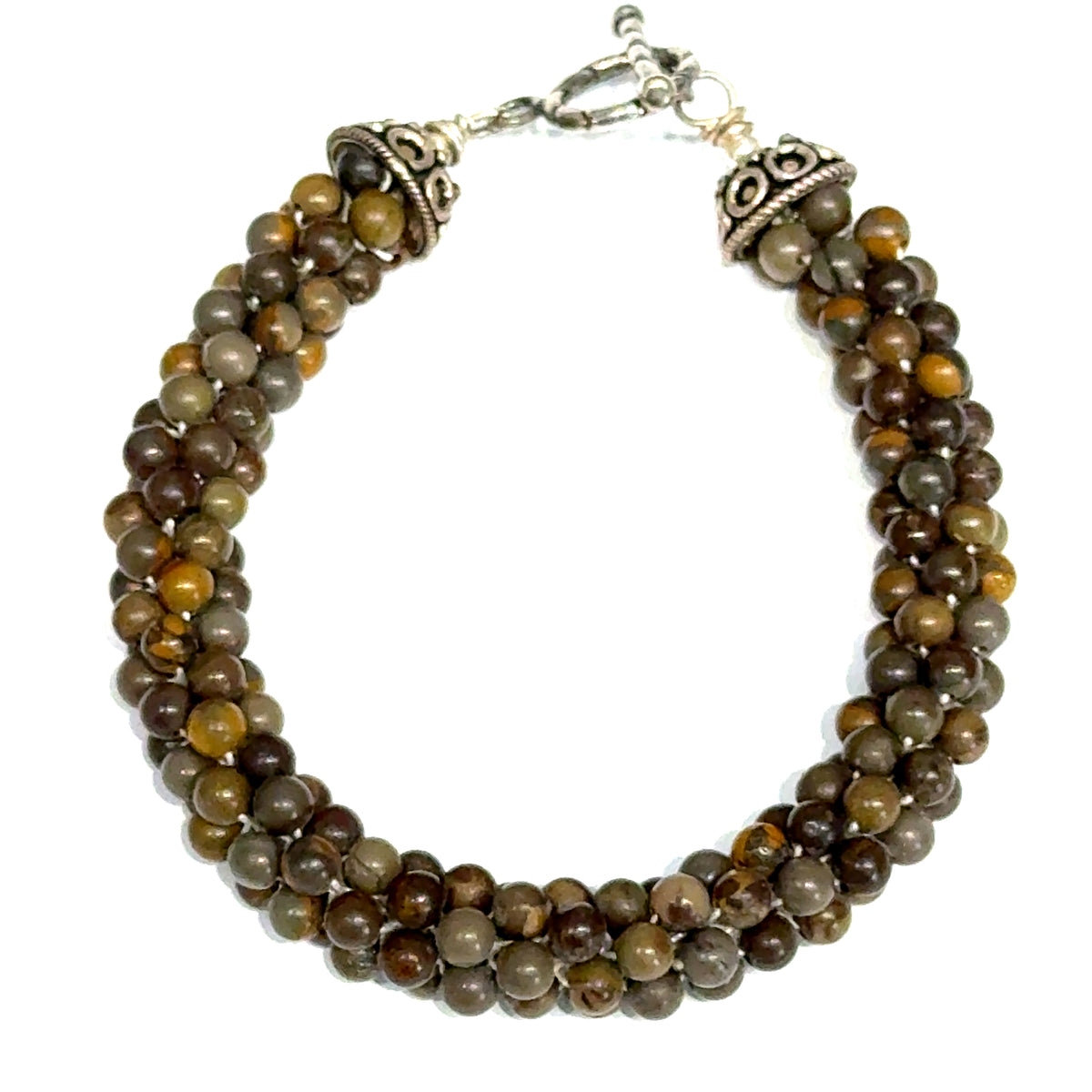 Brown Jasper Tubular Crochet Bracelet | Sterling Silver Circular Toggle | 7 Inches | Handmade Boston