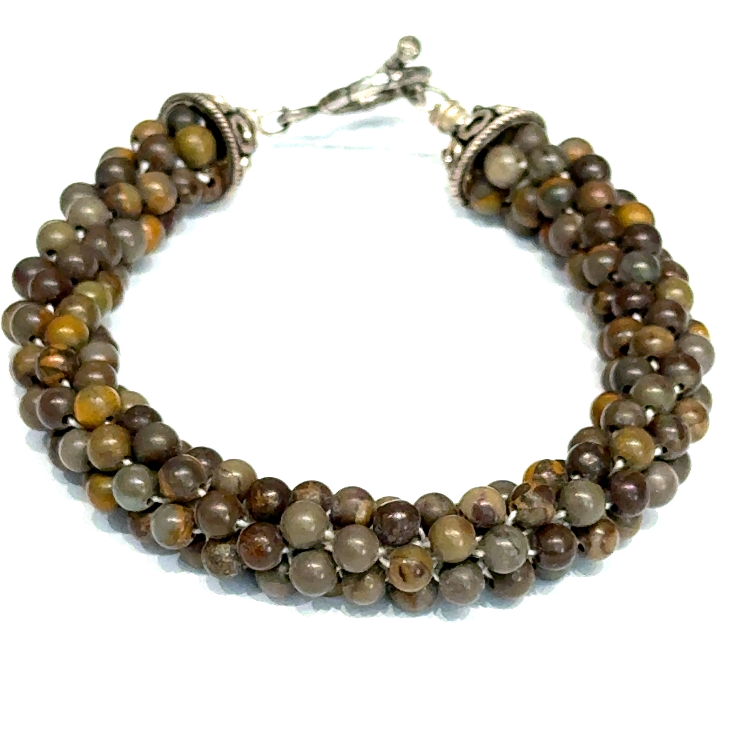 Brown Jasper Tubular Crochet Bracelet | Sterling Silver Circular Toggle | 7 Inches | Handmade Boston