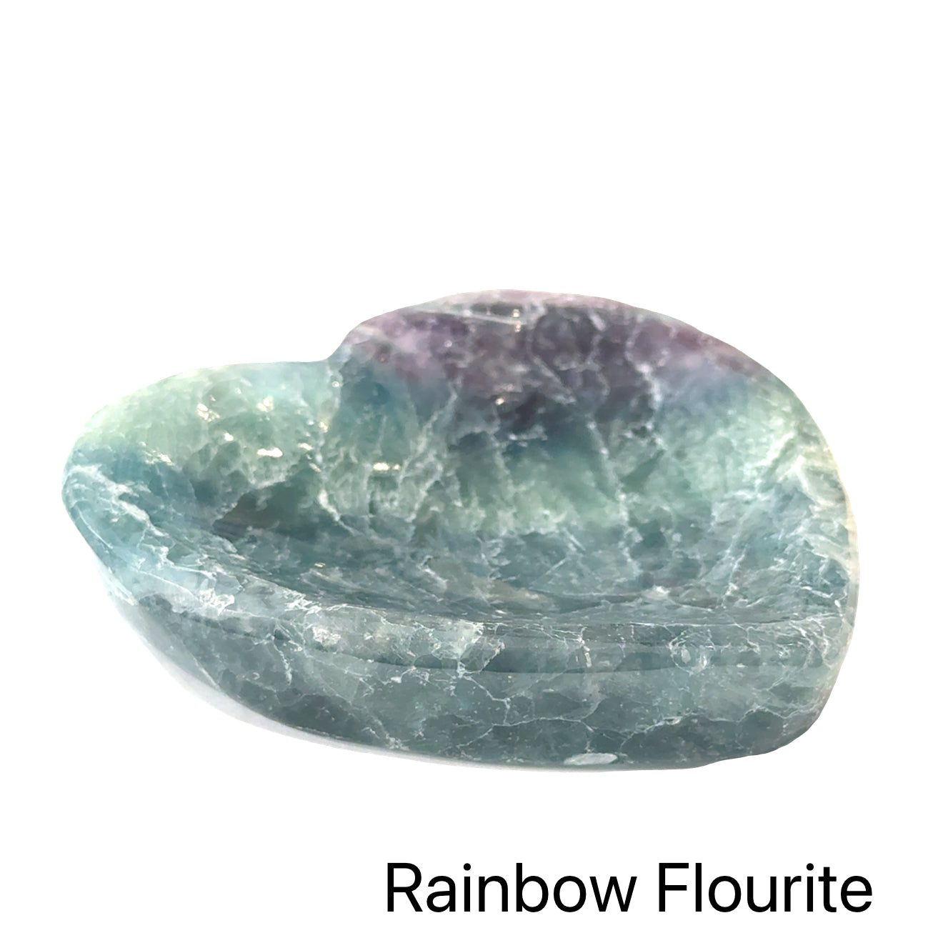 #1  Rainbow Fluorite gemstone heart-carved bowl on a white background, front view. 