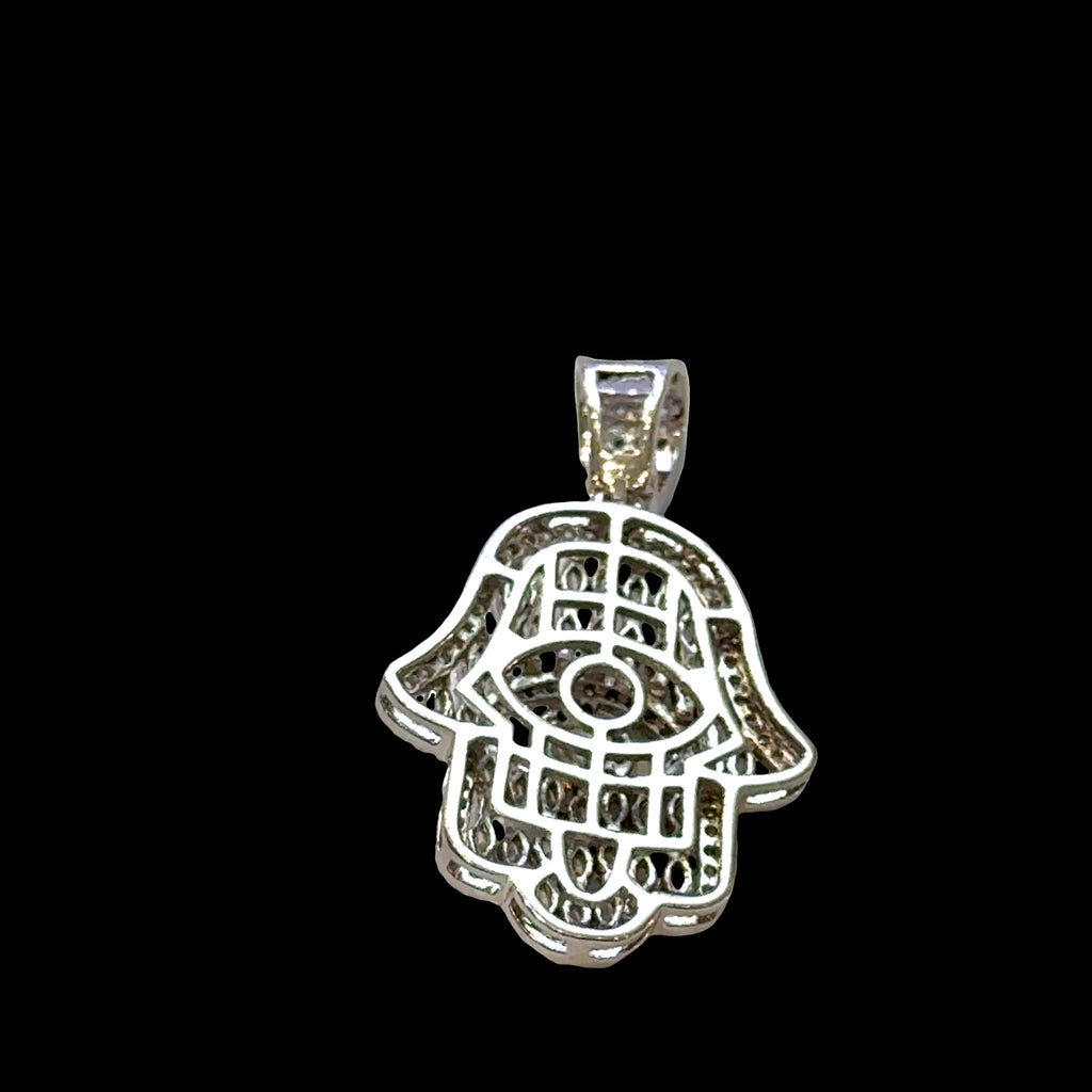 #1 Silver Hamsa hand pendant with eye design on a black background, back view.
