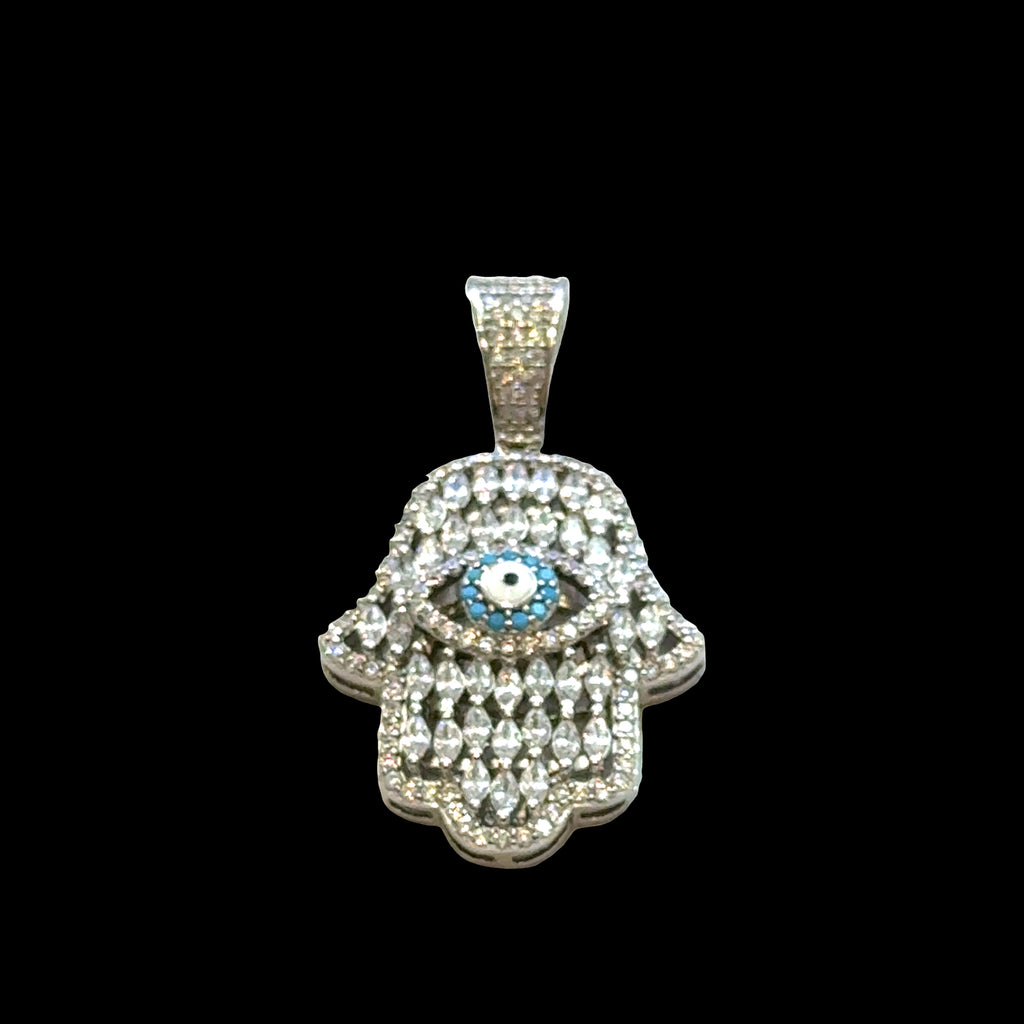 #1 Silver Hamsa hand pendant with eye design on a black background, front view.