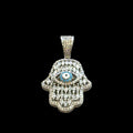 #1 Silver Hamsa hand pendant with eye design on a black background, front view.