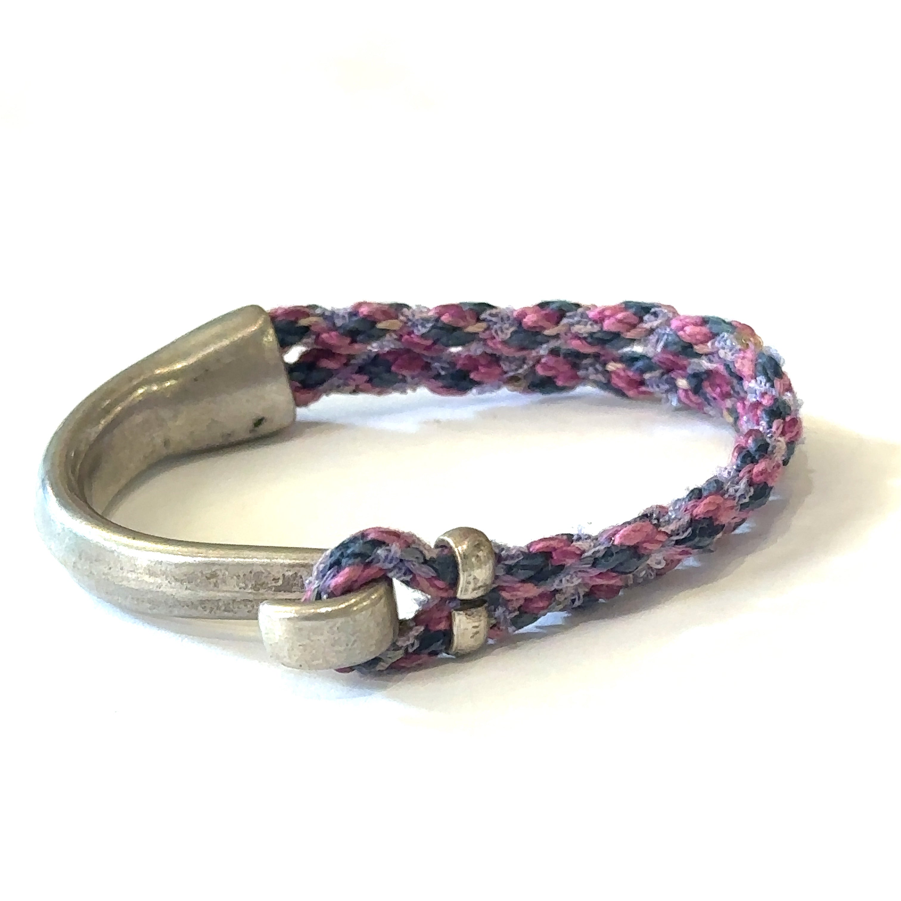 Pink, blue, grey Kumihimo Braided bracelet with Silver hook clasp size 6.75