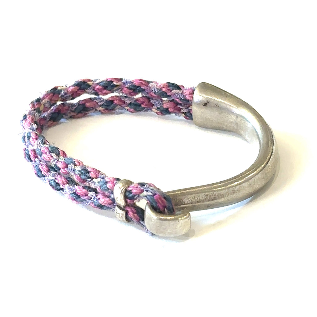 Pink, blue, grey Kumihimo Braided bracelet with Silver hook clasp size 6.75