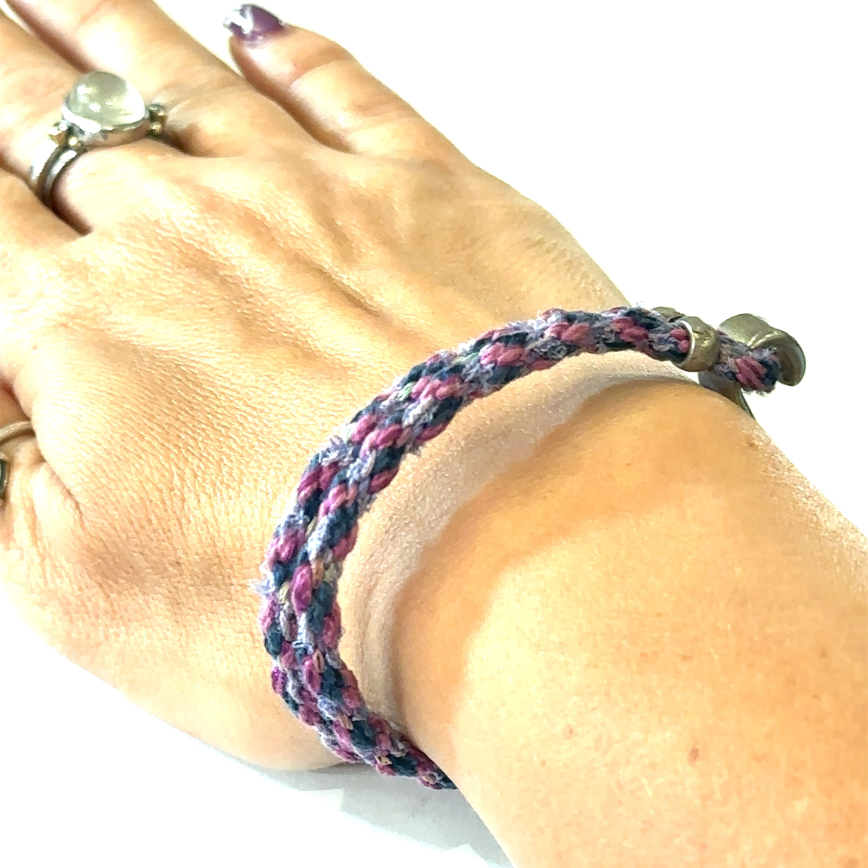 Pink, blue, grey Kumihimo Braided bracelet with Silver hook clasp size 6.75