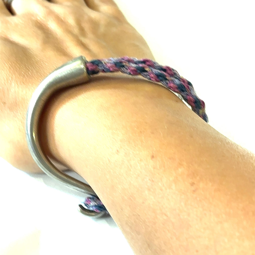 Pink, blue, grey Kumihimo Braided bracelet with Silver hook clasp size 6.75