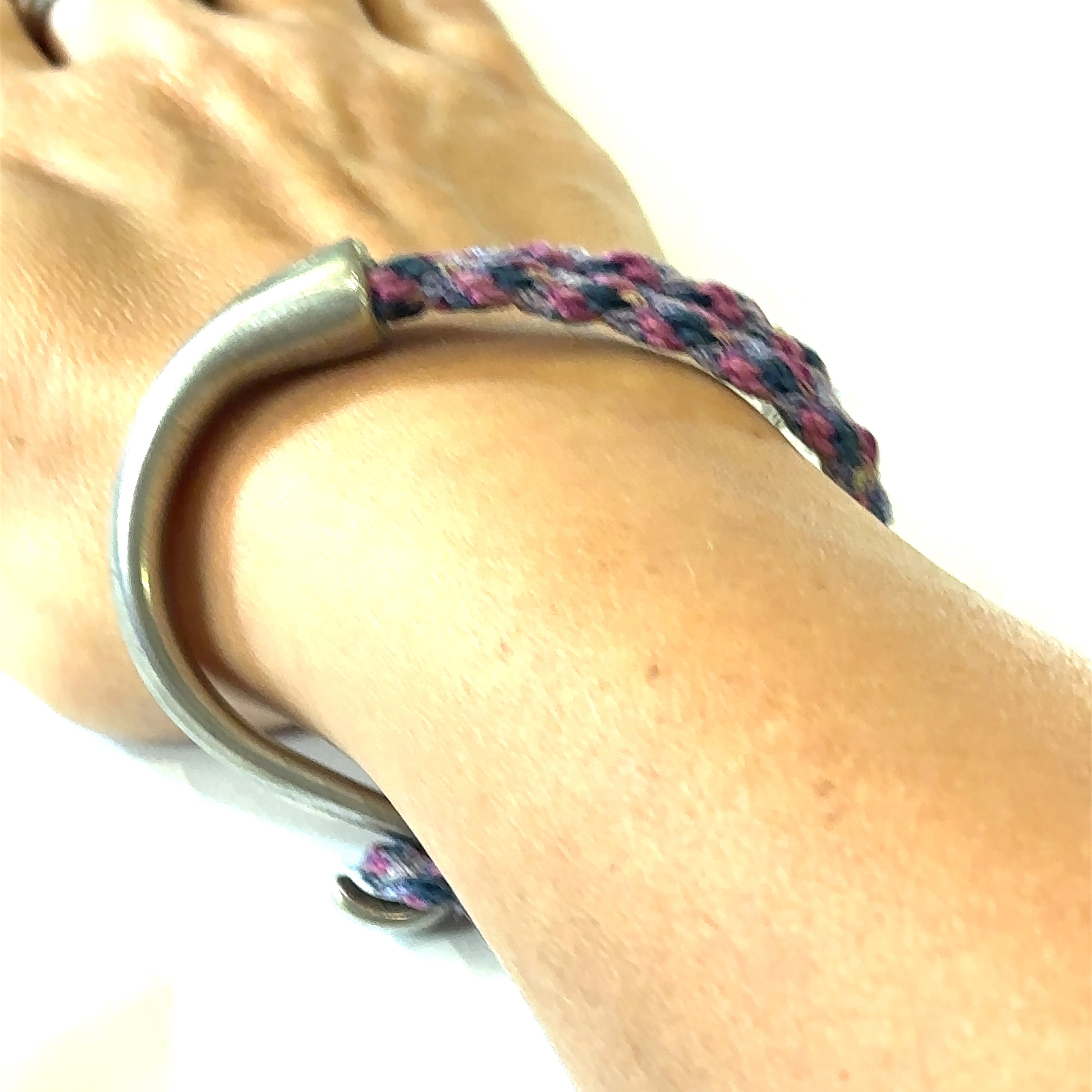 Pink, blue, grey Kumihimo Braided bracelet with Silver hook clasp size 6.75