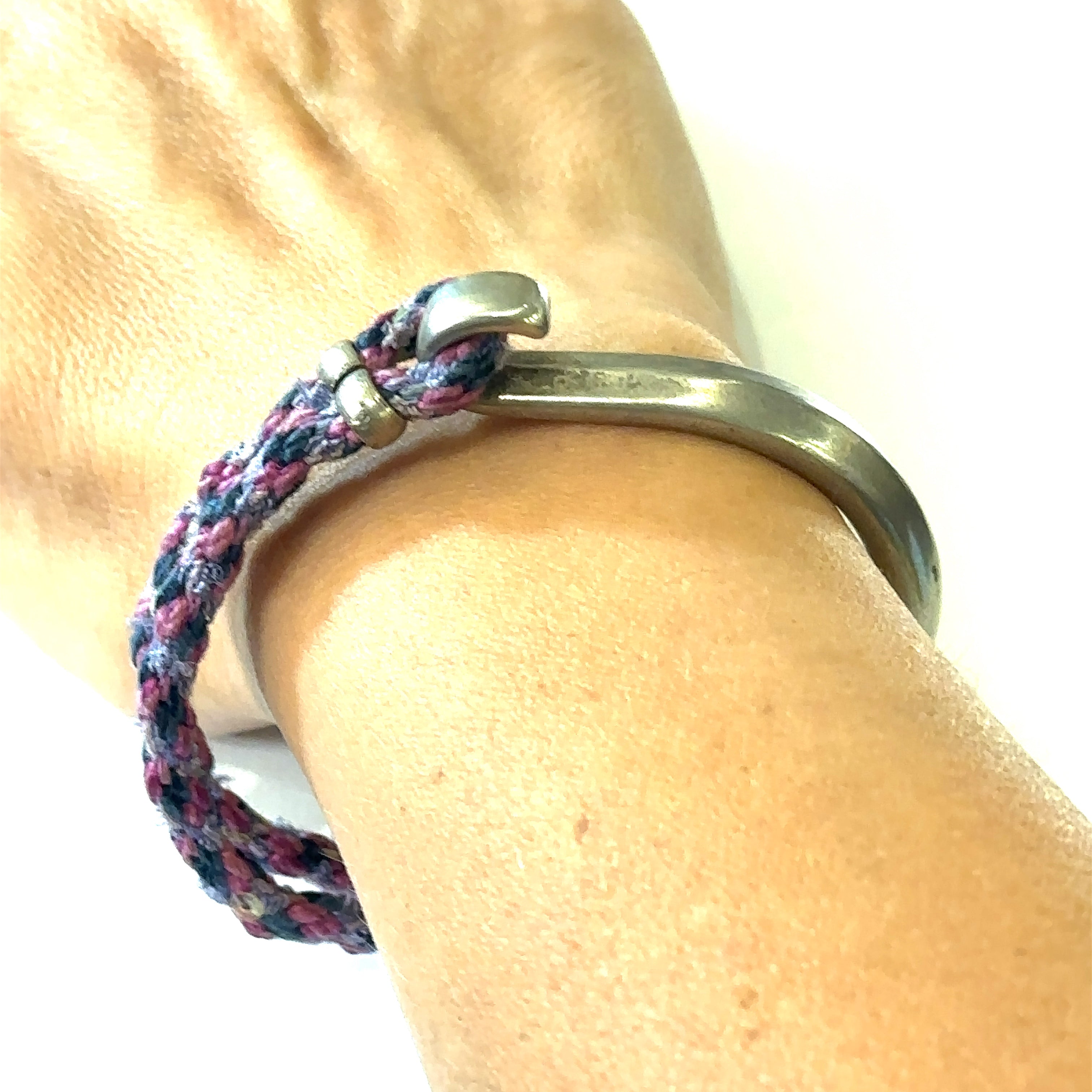 Pink, blue, grey Kumihimo Braided bracelet with Silver hook clasp size 6.75