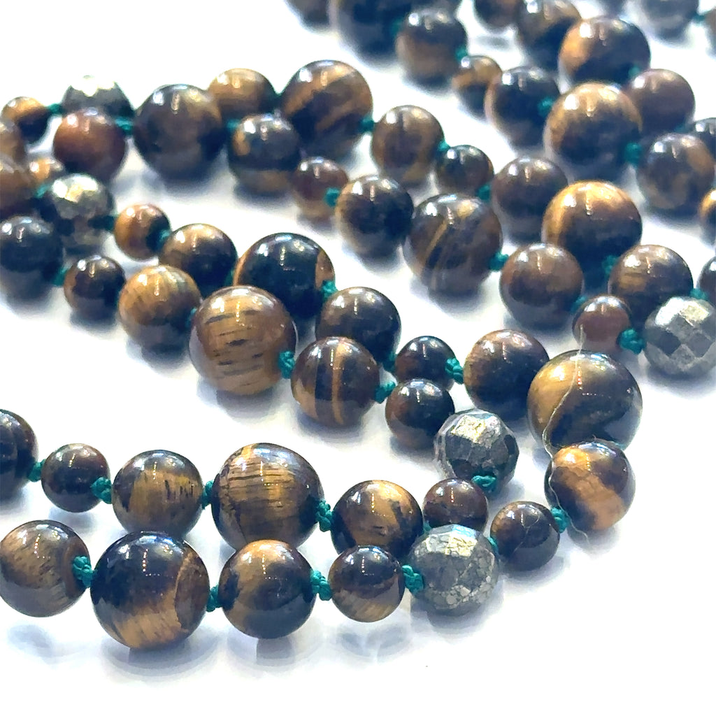 Golden Tiger Eye and Pyrite Mala Necklace, jewelry