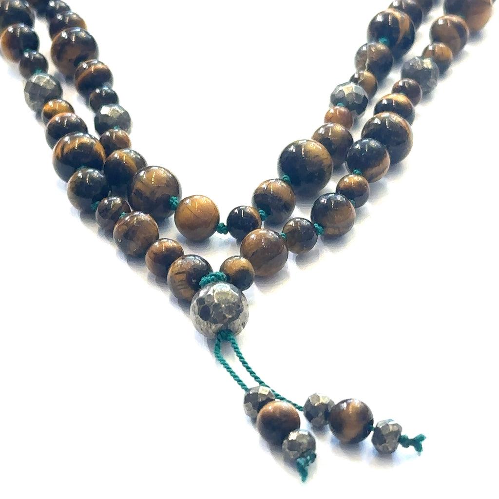 Golden Tiger Eye and Pyrite Mala Necklace, jewelry