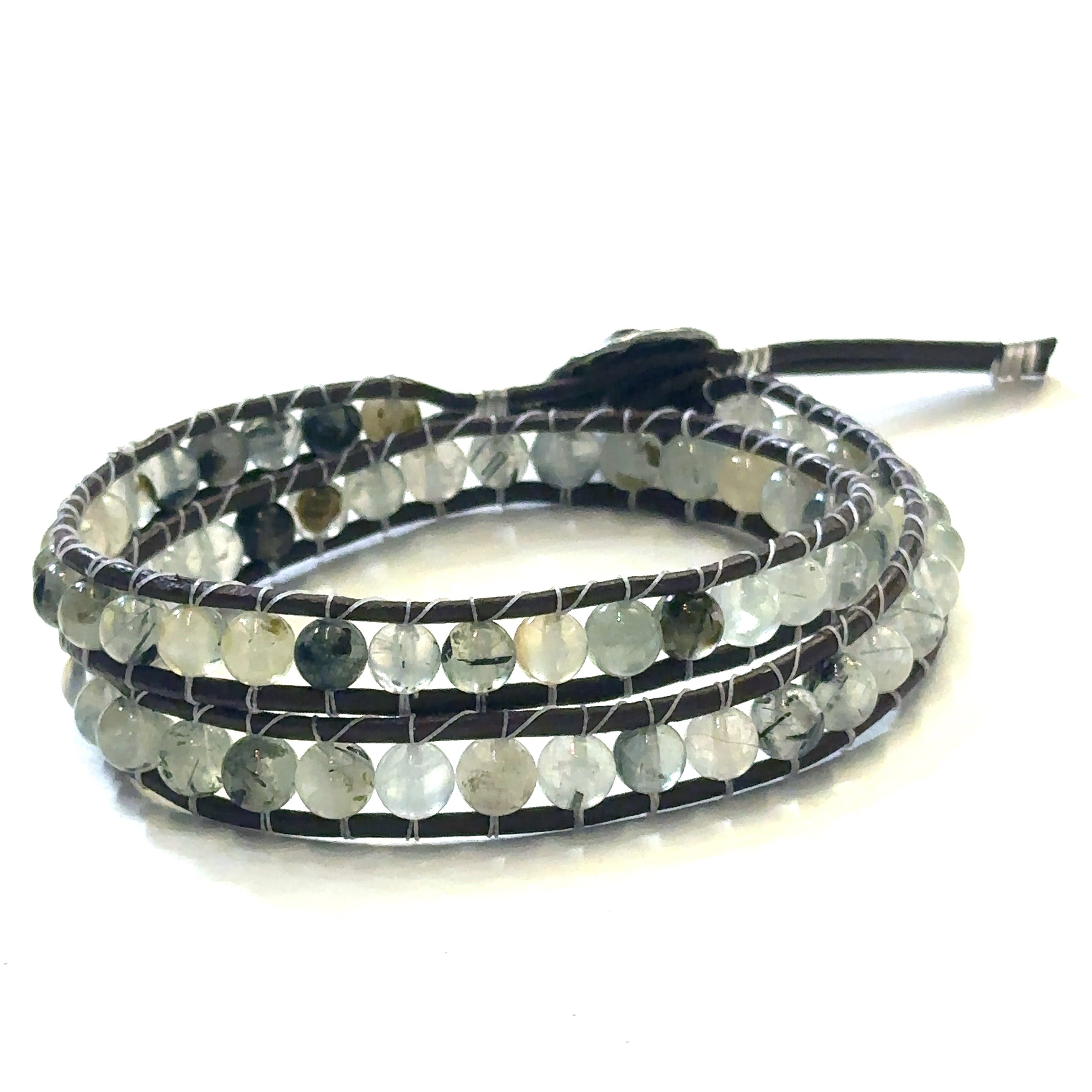 Prehnite Double Leather Wrap Bracelet, Green gemstones, Dark brown leather
