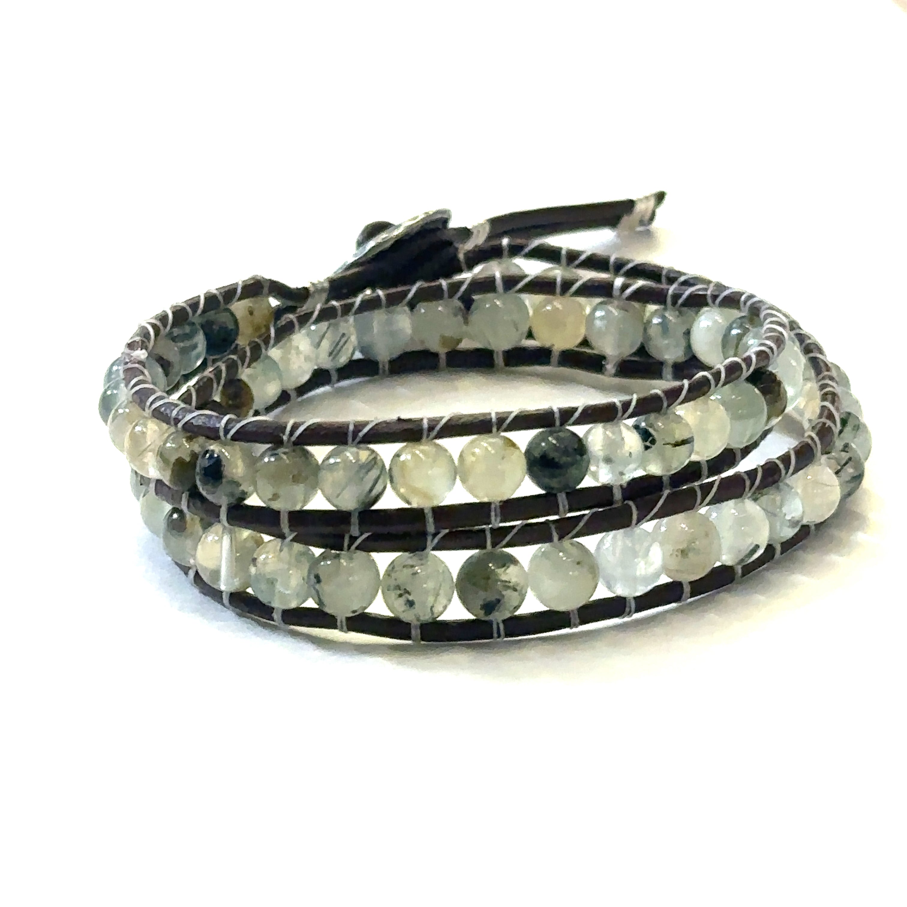 Prehnite Double Leather Wrap Bracelet, Green gemstones, Dark brown leather