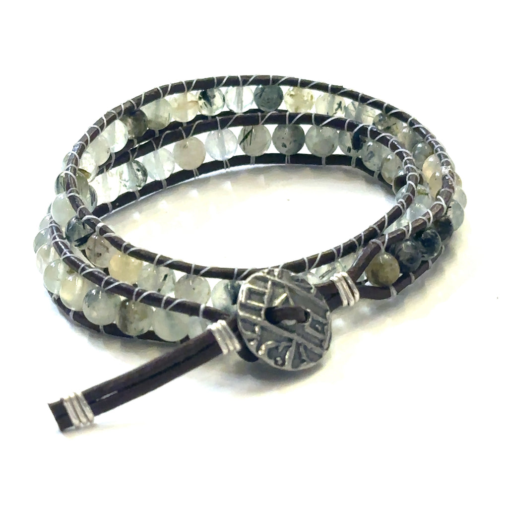 Prehnite Double Leather Wrap Bracelet, Green gemstones, Dark brown leather