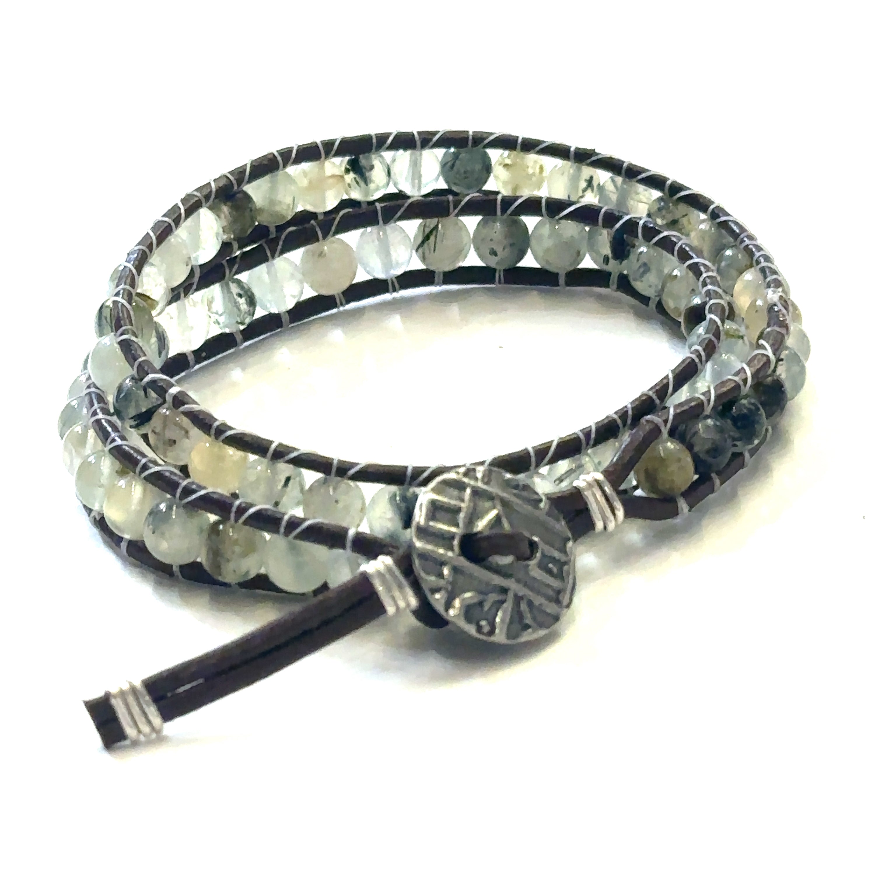Prehnite Double Leather Wrap Bracelet, Green gemstones, Dark brown leather