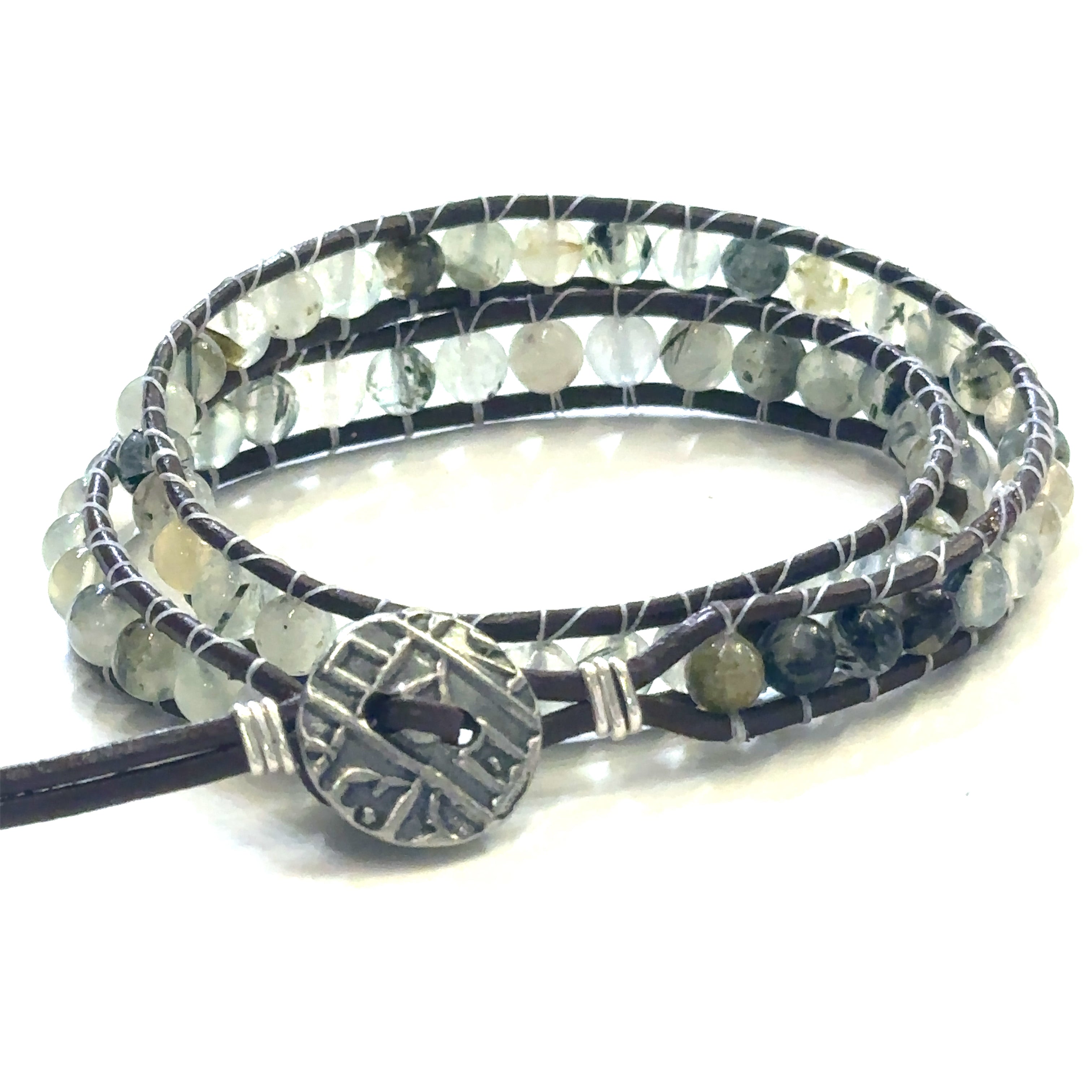 Prehnite Double Leather Wrap Bracelet, Green gemstones, Dark brown leather