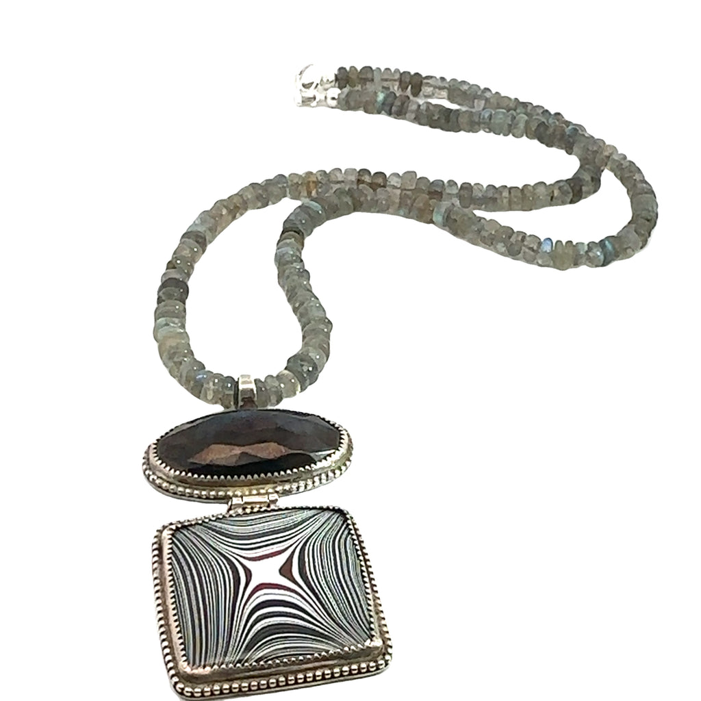 Labradorite Gemstone beaded necklace with Fordite and Shungite pendant, Jewelry