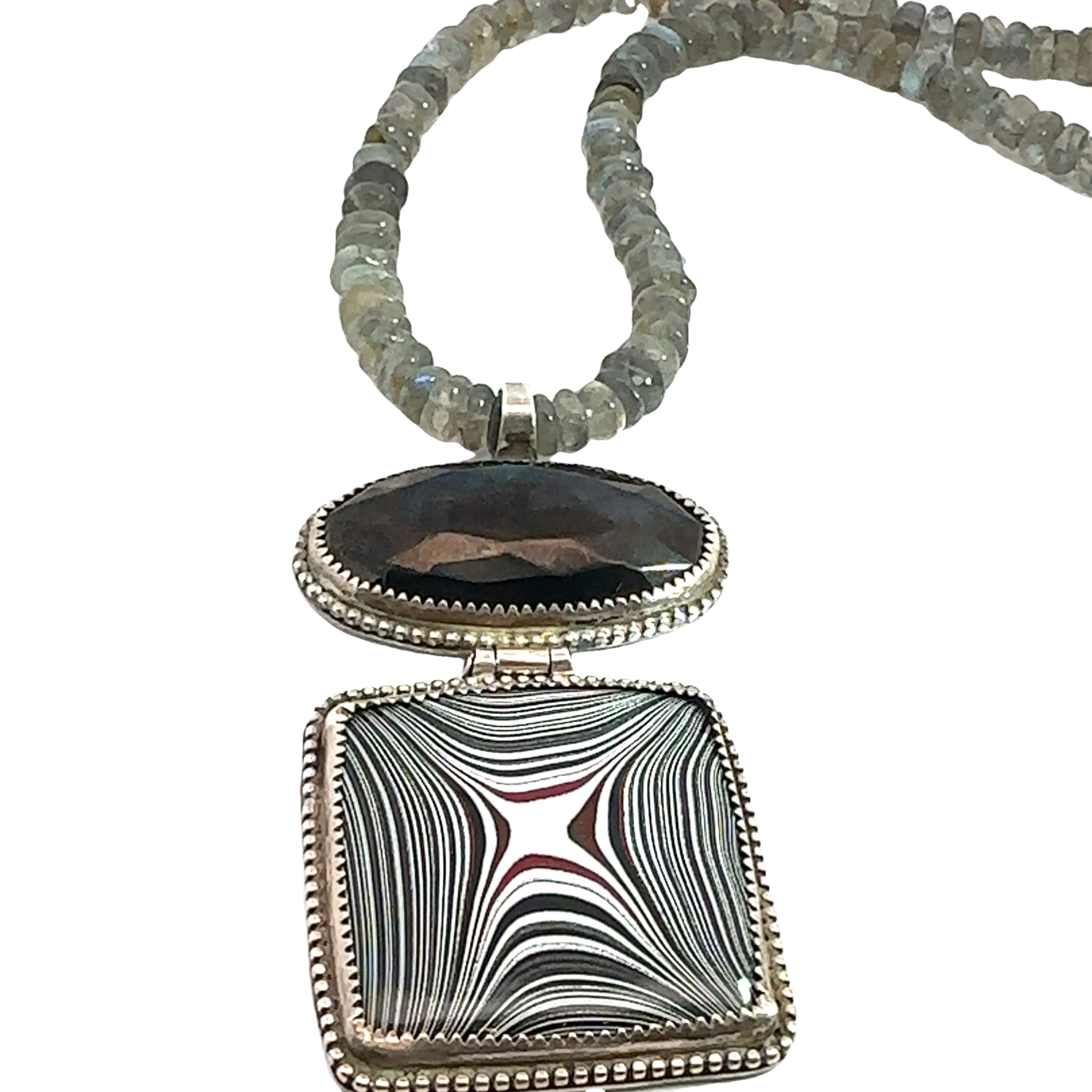 Labradorite Gemstone beaded necklace with Fordite and Shungite pendant, Jewelry