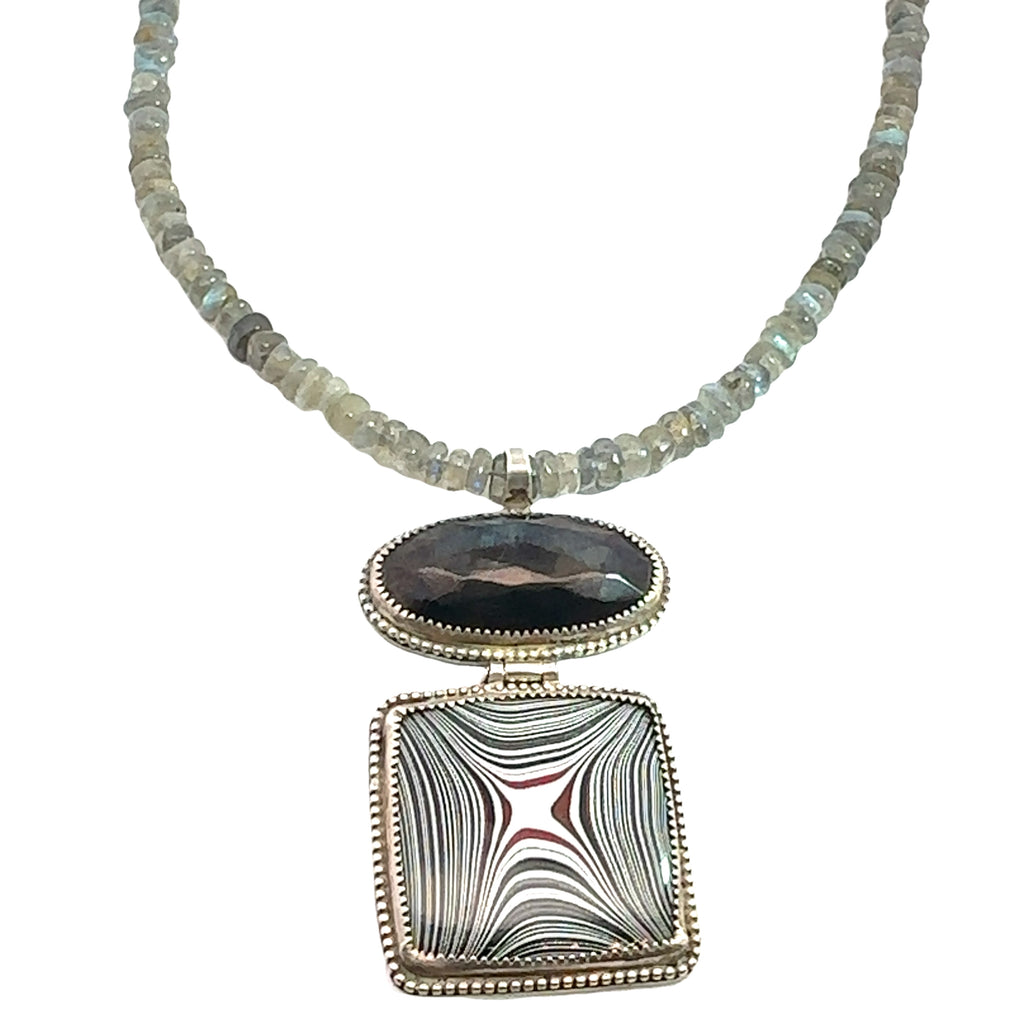 Labradorite Gemstone beaded necklace with Fordite and Shungite pendant, Jewelry