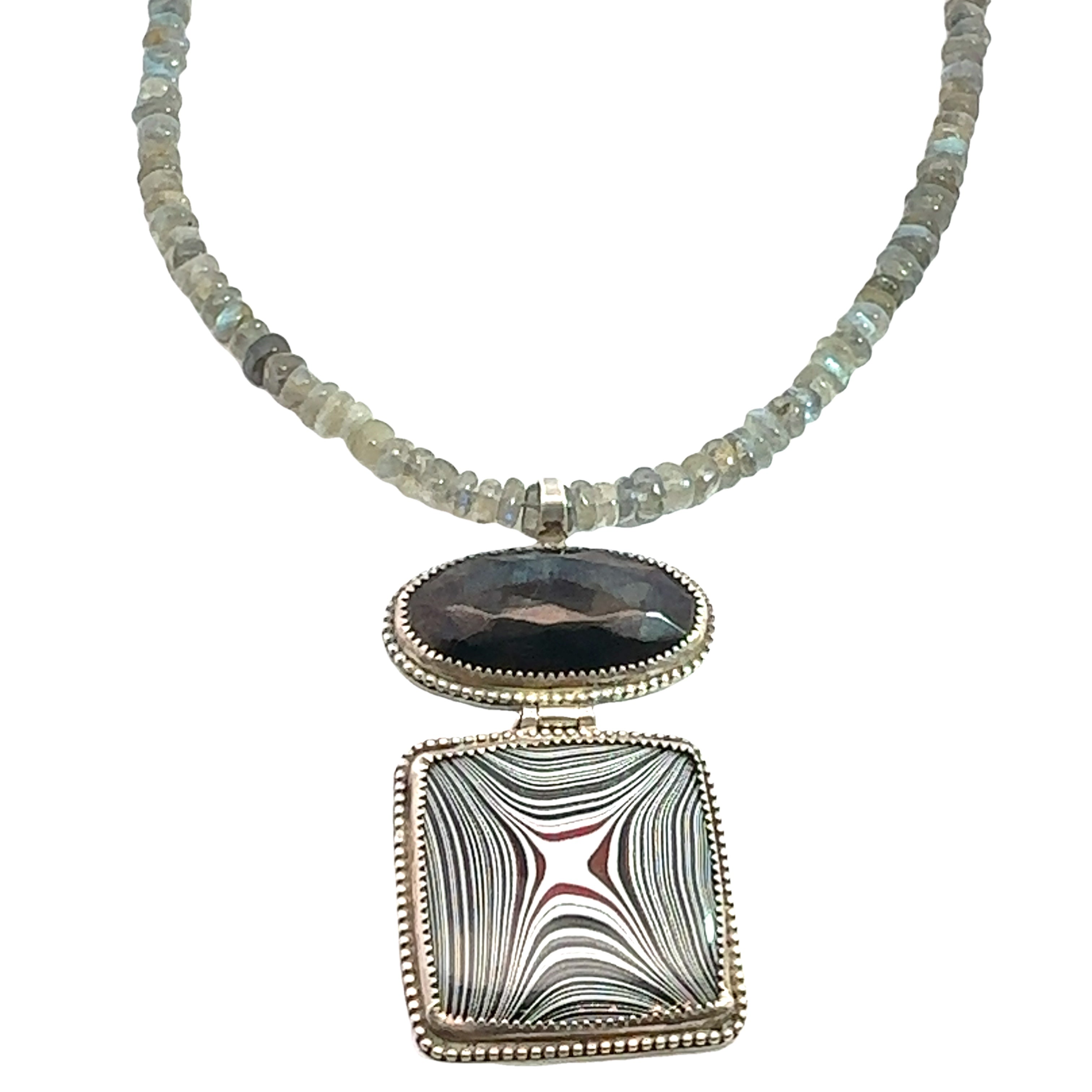 Labradorite Gemstone beaded necklace with Fordite and Shungite pendant, Jewelry