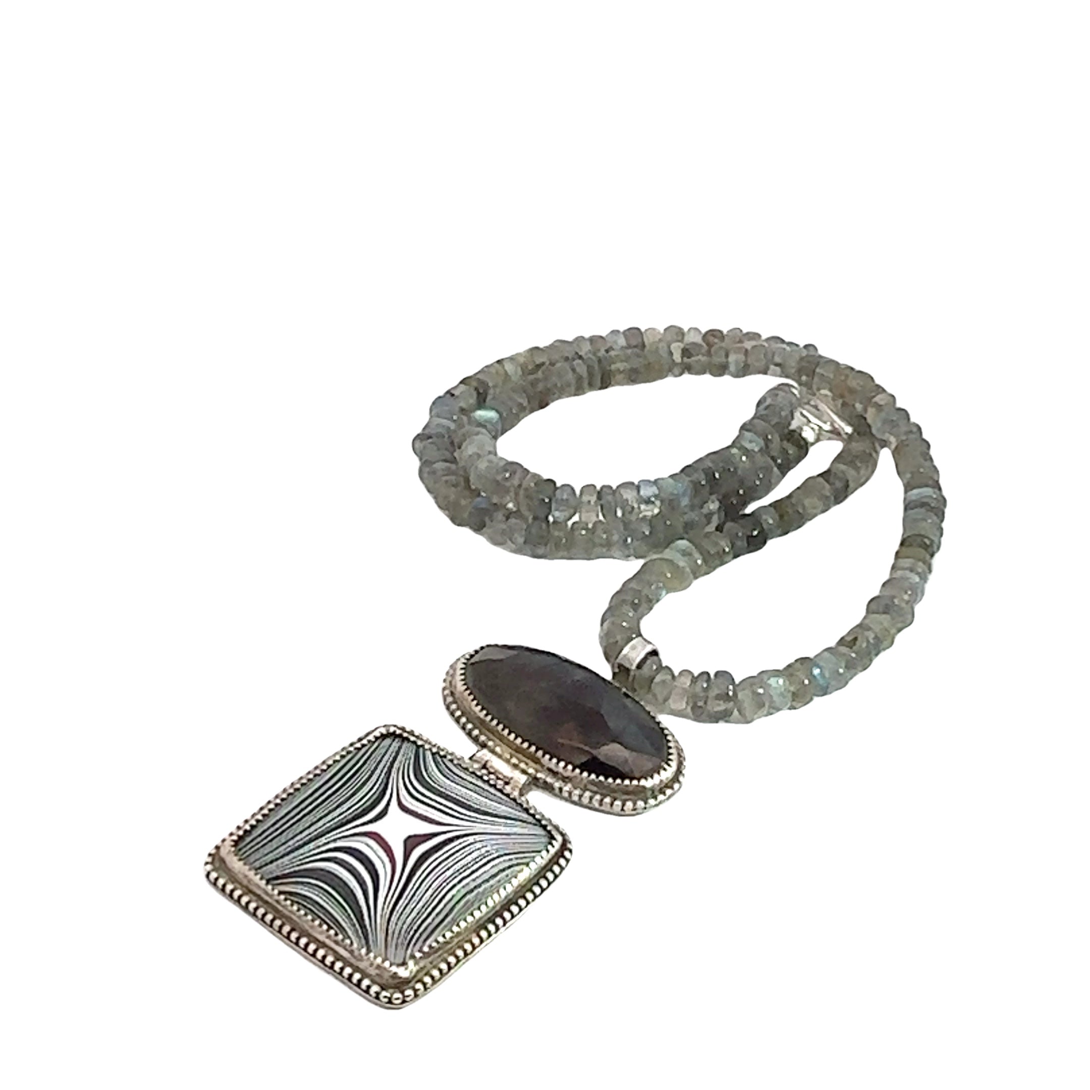 Labradorite Gemstone beaded necklace with Fordite and Shungite pendant, Jewelry