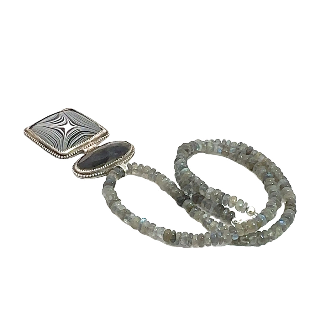 Labradorite Gemstone beaded necklace with Fordite and Shungite pendant, Jewelry