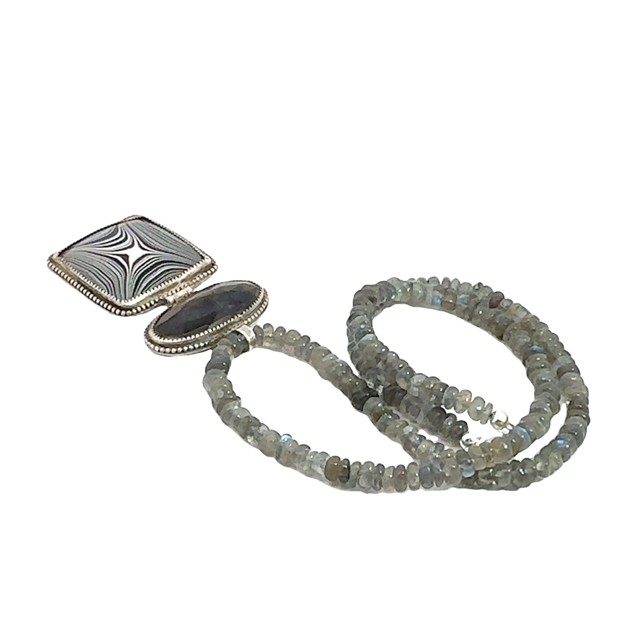 Labradorite Gemstone beaded necklace with Fordite and Shungite pendant, Jewelry
