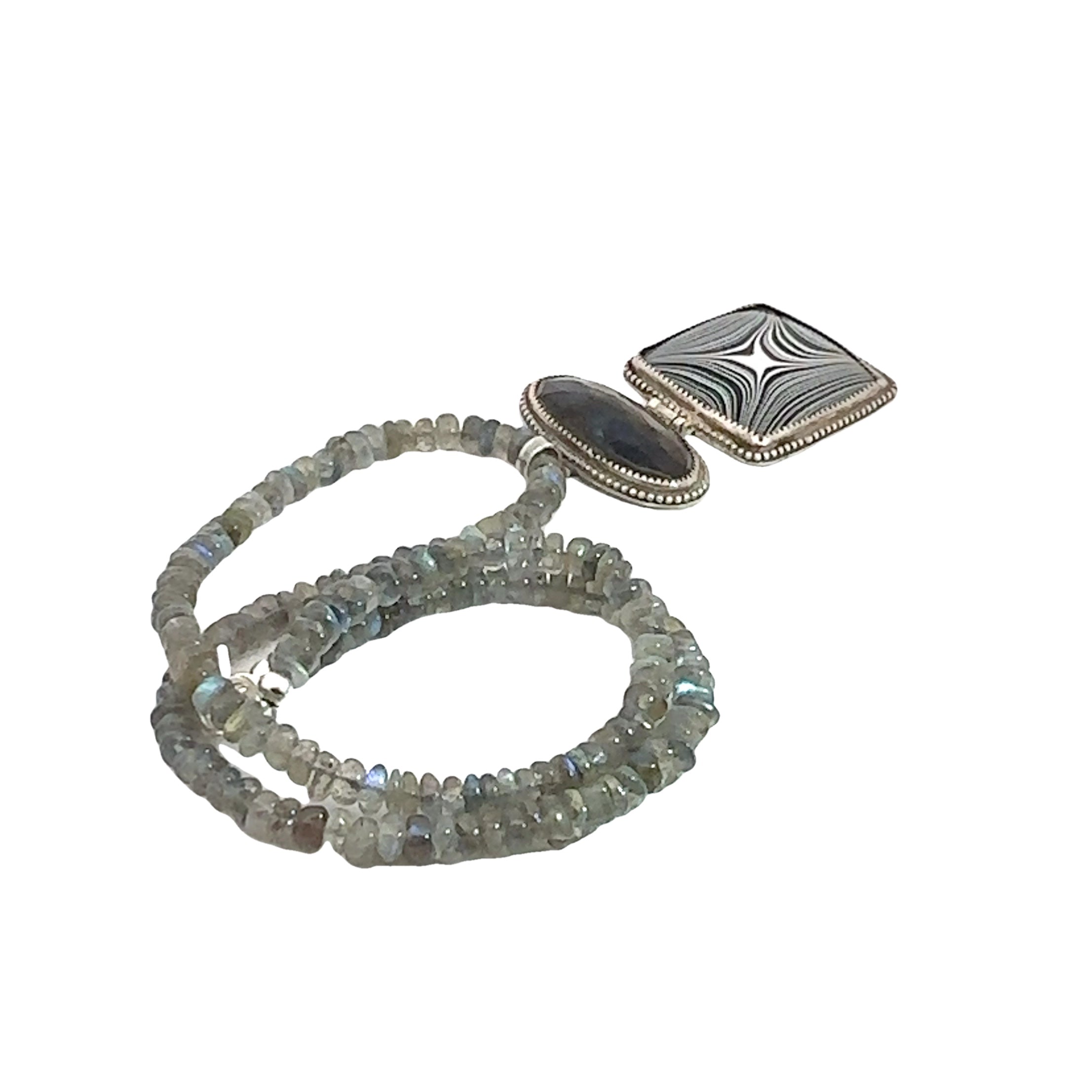 Labradorite Gemstone beaded necklace with Fordite and Shungite pendant, Jewelry
