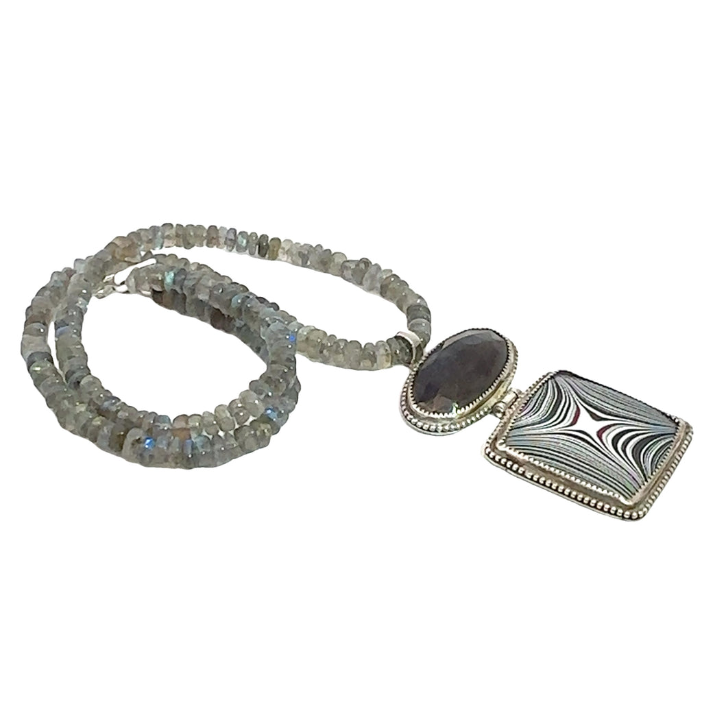 Labradorite Gemstone beaded necklace with Fordite and Shungite pendant, Jewelry