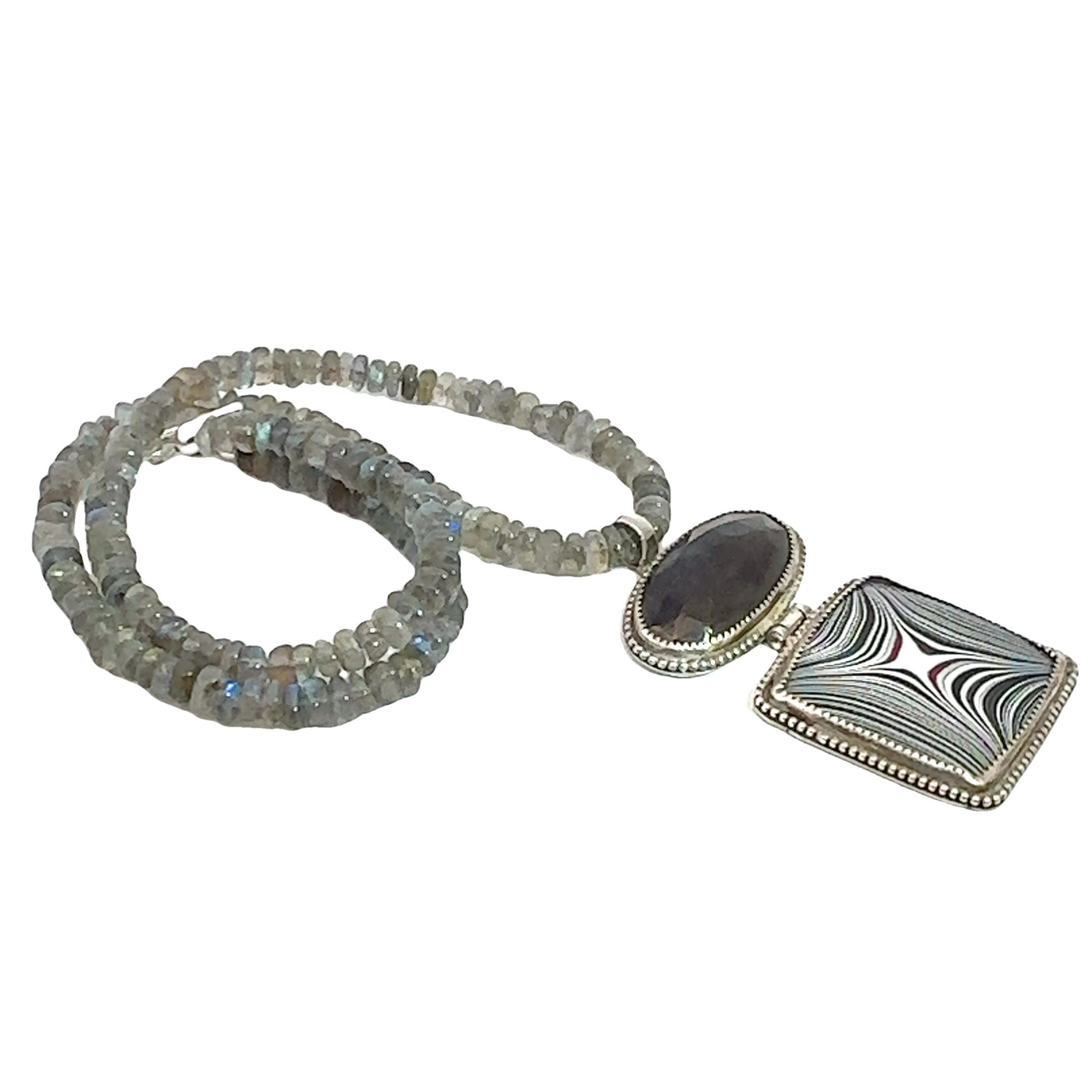 Labradorite Gemstone beaded necklace with Fordite and Shungite pendant, Jewelry