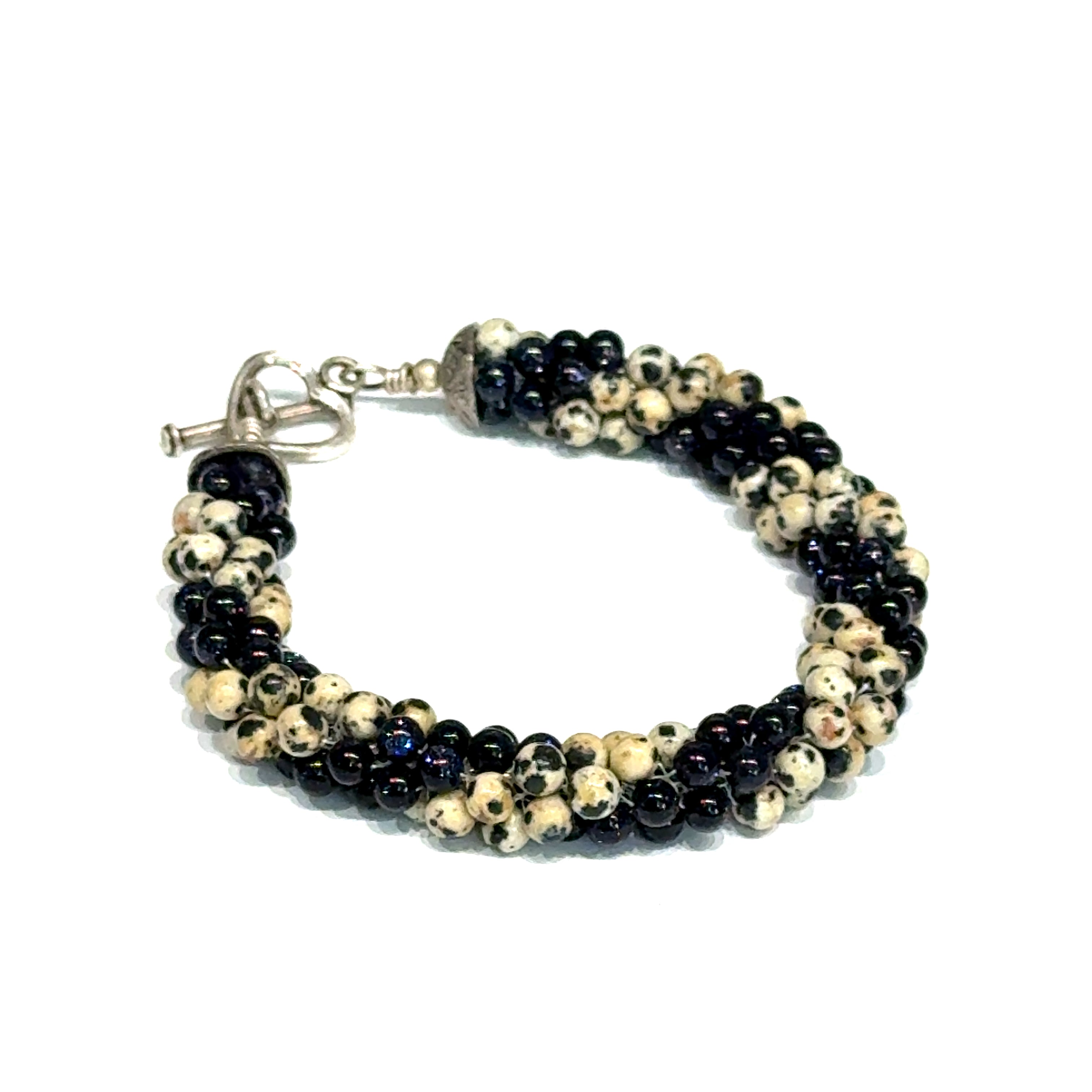 Dalmatian Jasper & Blue Goldstone Spiral Crochet Bracelet | 7" Sterling Silver