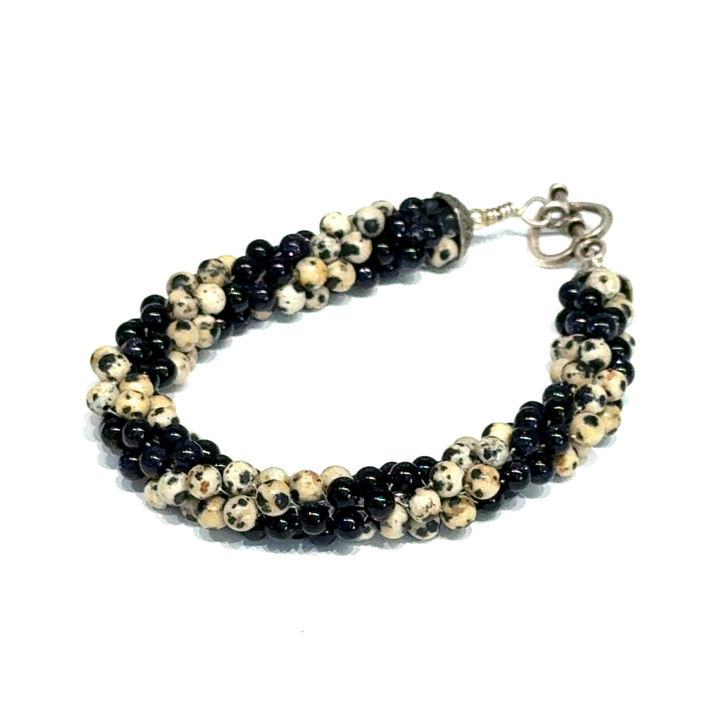 Dalmatian Jasper & Blue Goldstone Spiral Crochet Bracelet | 7" Sterling Silver