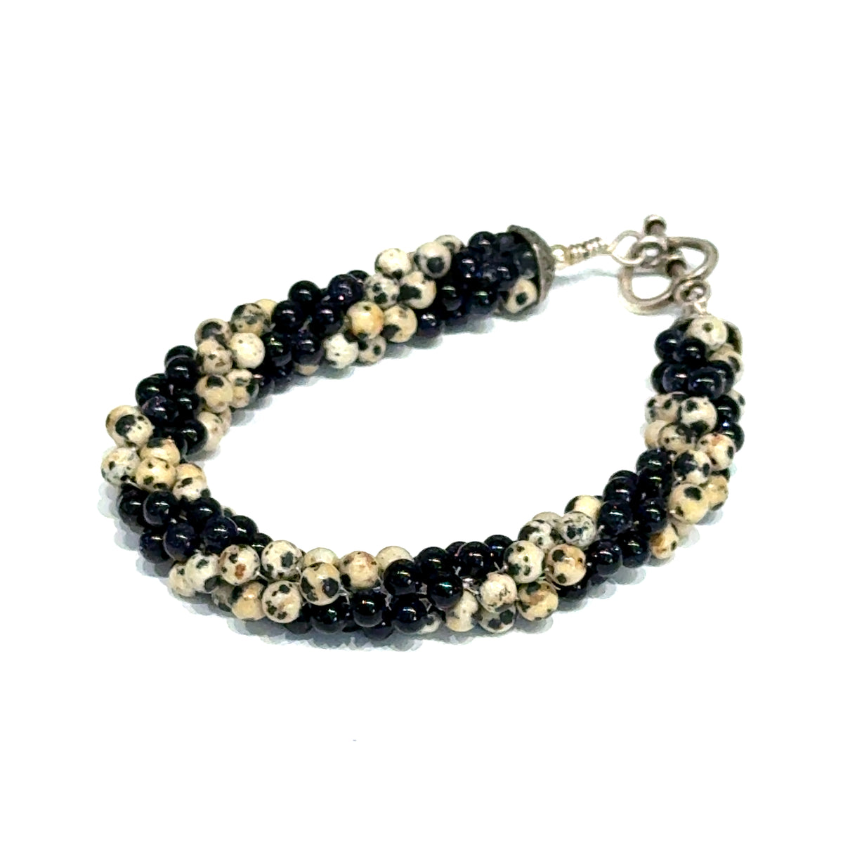 Dalmatian Jasper & Blue Goldstone Spiral Crochet Bracelet | 7" Sterling Silver
