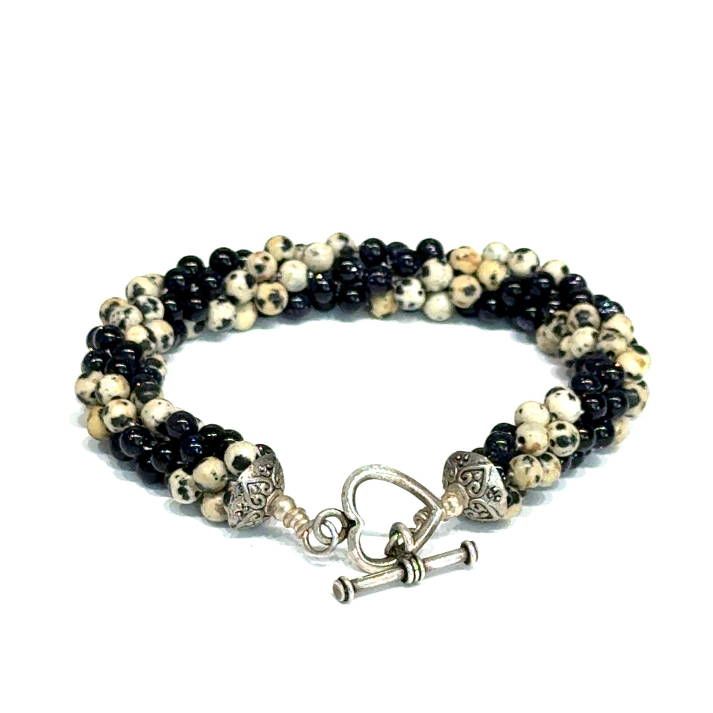 Dalmatian Jasper & Blue Goldstone Spiral Crochet Bracelet | 7" Sterling Silver